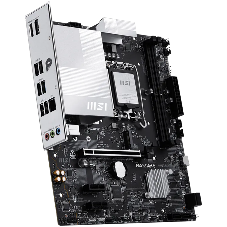 MSI PRO H810M-B, mATX, LGA 1851, 2x DDR5 Dual Channel DDR5 up to 6400(OC)MHz, 1x PCIe x16 slot, 1x M.2 slot, 4x USB 2.0, 2x USB 5Gbps, HDMI, DP, 7.1 HD Audio, 2.5G LAN, 3Y [2]