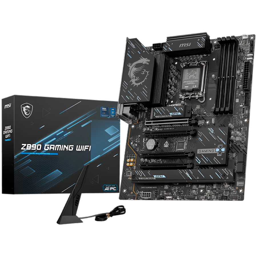 MSI Z890 GAMING WIFI, LGA 1851, Dual Channel DDR5 up to 8800(OC)MHz, 4x PCIe x16 slots, 3x M.2 slots, 6x USB 5Gbps A, 1x USB 20Gbps Type-C, 1x HDMI, 1x Type-C DP, 1x DP, 2.5Gbps LAN, Wi-Fi 7, 7.1 Audi [1]
