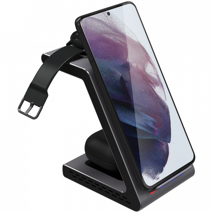 Prestigio ReVolt A9, 3-in-1 wireless charging station for Samsung smartphone, Galaxy Watch, Galaxy Buds and other Android devices, wireless output for phone 7.5W/10W, wireless output for earphones 5W, [10]