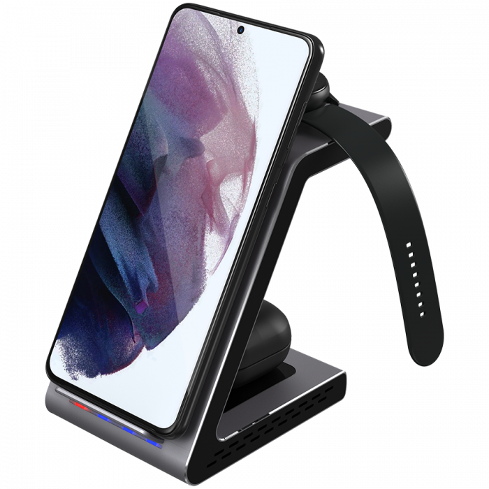 Prestigio ReVolt A9, 3-in-1 wireless charging station for Samsung smartphone, Galaxy Watch, Galaxy Buds and other Android devices, wireless output for phone 7.5W/10W, wireless output for earphones 5W, [9]
