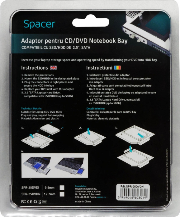RACK INTERN LAPTOP CD TO HDD/SSD SPACER 12.7 MM SPR-25DVDN [4]