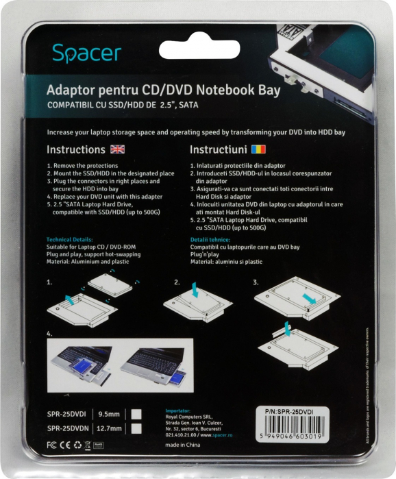 RACK INTERN LAPTOP CD TO HDD/SSD SPACER 9.5 MM SPR-25DVDN [2]