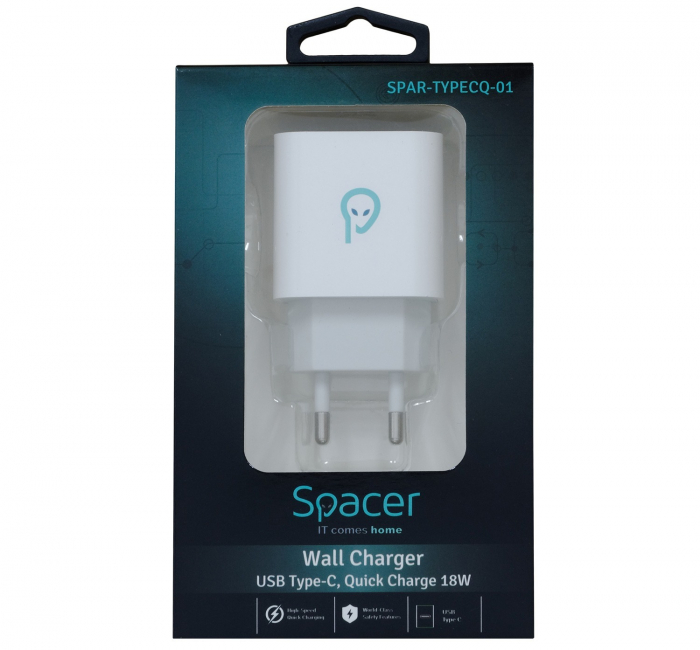 Incarcator retea Spacer SPAR-TYPECQ-01 Quick Charge 18W, USB Type-C, Alb [2]