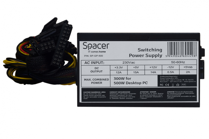 SURSA SPACER 500, 300W for 500 Desktop PC, PFC pasiv, fan 120mm, 1x PCI-E (6), 4x S-ATA, 1x P8 (4+4), retail box, [1]