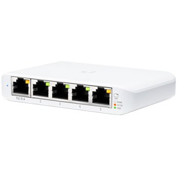 UBIQUITI Flex Mini; (4) GbE ports; (1) GbE PoE input port for power; Optional powering with included 5V, 1A USB-C adapter. [1]