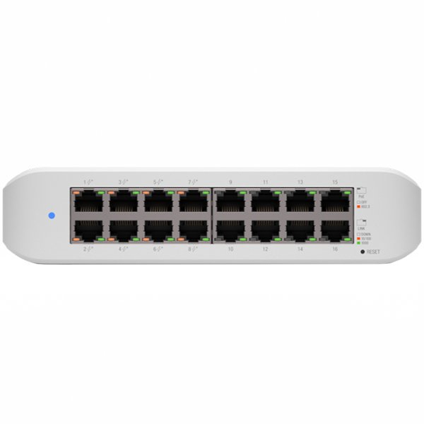 UBIQUITI Lite 16 PoE; (8) GbE PoE+, (8) GbE ports; 45W total PoE availability; Wall mountable. [1]
