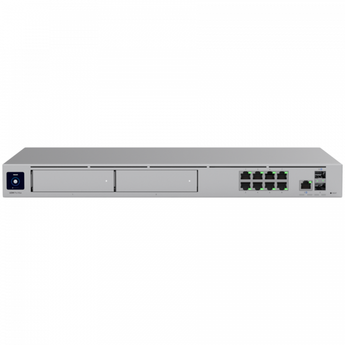 Ubiquiti rack-mount Cloud Gateway with 10 Gbps performance, multi-WAN load balancing, and two NVR drive bays designed for large-scale, multi-application UniFi sites [1]