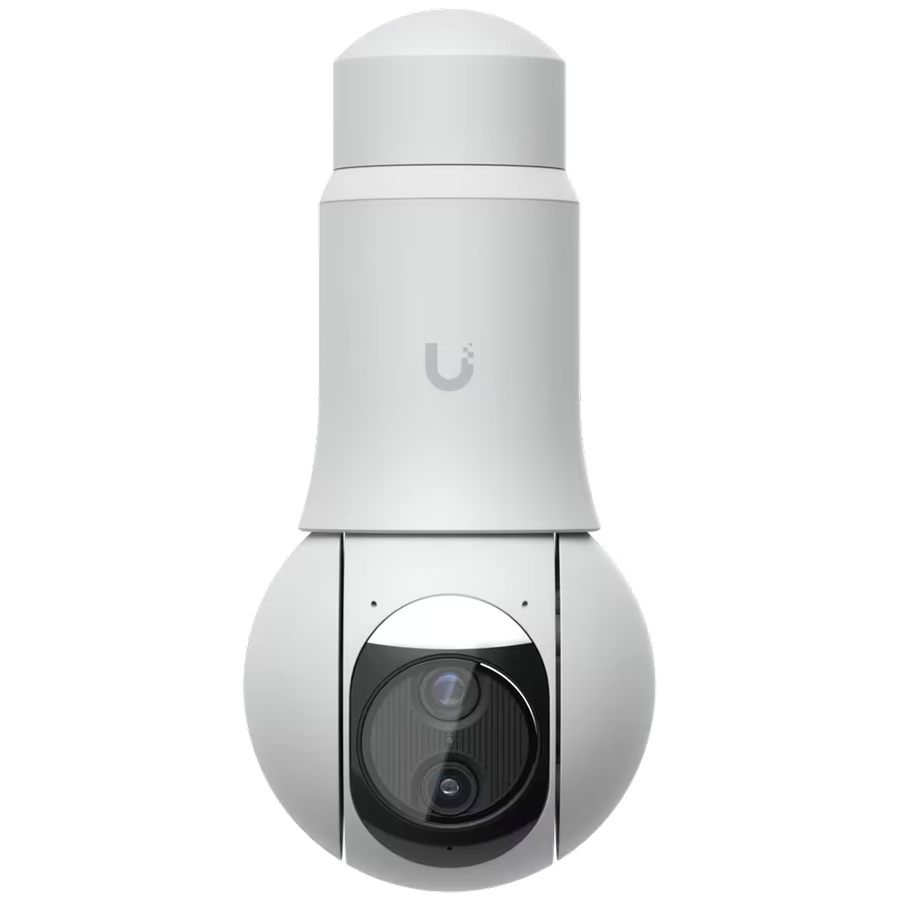 Ubiquiti UVC-G6-PTZ-W All-weather, 4K dual-lens camera with 10x hybrid zoom, 1/1.8" 8MP image sensor, Multi-TOPS AI Engine, and ultra-low latency pan-tilt-zoom control for motion tracking [2]