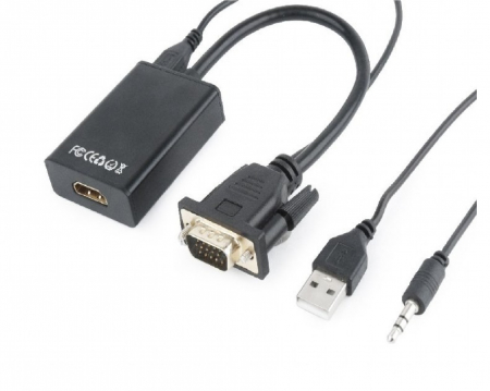 Cabluri - CABLU video GEMBIRD, adaptor VGA (T) + Jack 3.5mm (T) la HDMI (M), 15cm, rezolutie maxima Full HD (1920 x 1080) la 60Hz, conecteaza placa video cu VGA la monitor HDMI, cablu power USB, negru