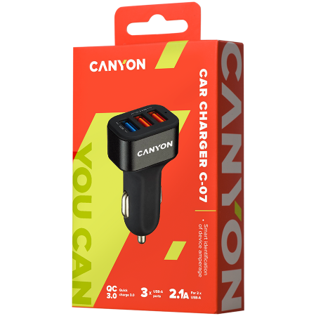 CANYON car charger C-07 QC 3.0 2.4A/3USB-A Black [2]