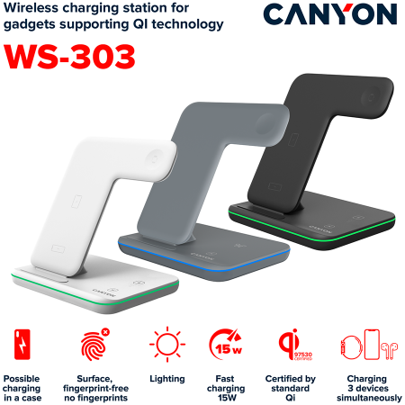 CANYON wireless charger WS-303 15W 3in1 Gray [9]