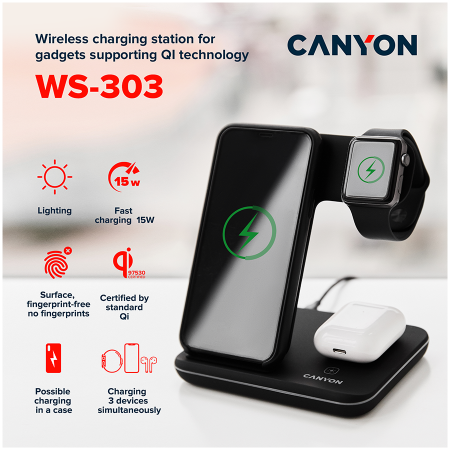 CANYON wireless charger WS-303 15W 3in1 Gray [8]