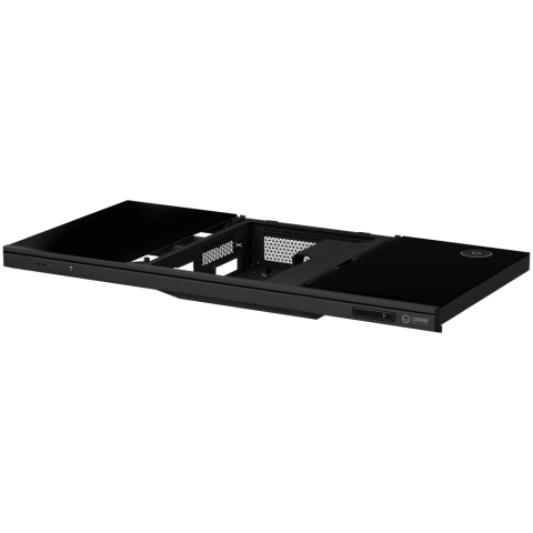 Dual-motor sit/stand adjustable-height gaming desk with built-in PC case, wireless charger, RGB lighting, control panel, and USB ports, tempered glass tabletop, black. [5]