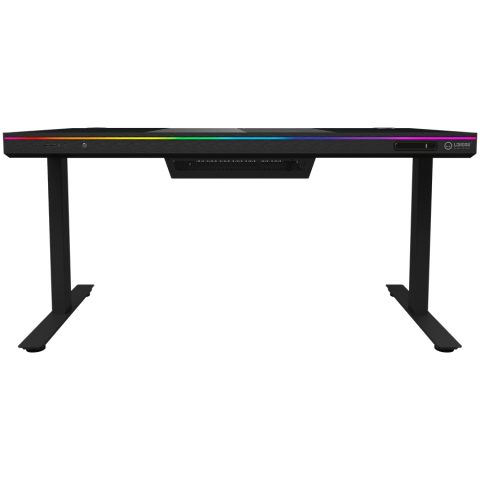 Dual-motor sit/stand adjustable-height gaming desk with built-in PC case, wireless charger, RGB lighting, control panel, and USB ports, tempered glass tabletop, black. [2]
