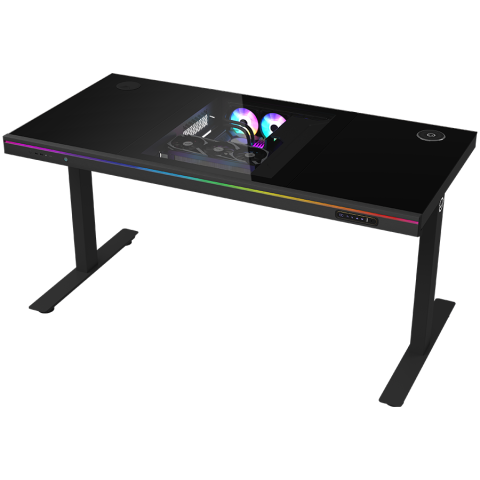 Gaming - Dual-motor sit/stand adjustable-height gaming desk with built-in PC case, wireless charger, RGB lighting, control panel, and USB ports, tempered glass tabletop, black.
