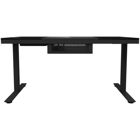 Dual-motor sit/stand adjustable-height gaming desk with built-in PC case, wireless charger, RGB lighting, control panel, and USB ports, tempered glass tabletop, black. [4]