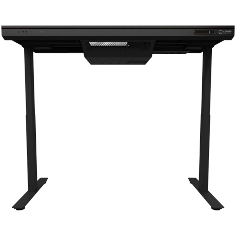 Dual-motor sit/stand adjustable-height gaming desk with built-in PC case, wireless charger, RGB lighting, control panel, and USB ports, tempered glass tabletop, black. [3]