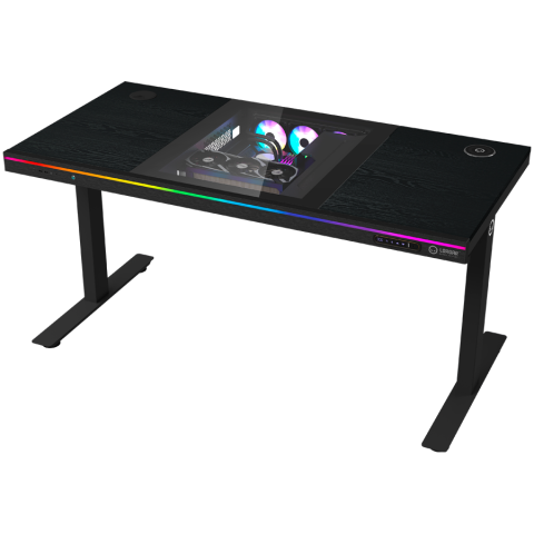 Gaming - Dual-motor sit/stand adjustable-height gaming desk with built-in PC case, wireless charger, RGB lighting, control panel, and USB ports, wooden tabletop, black.
