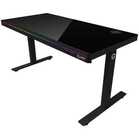 Dual-motor sit/stand adjustable-height gaming desk with wireless charger, RGB lighting, control panel, and USB ports, solid tempered glass tabletop, black. [1]