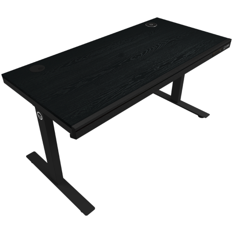 Dual-motor sit/stand adjustable-height gaming desk with wireless charger, RGB lighting, control panel, and USB ports, solid wooden tabletop, black. [2]