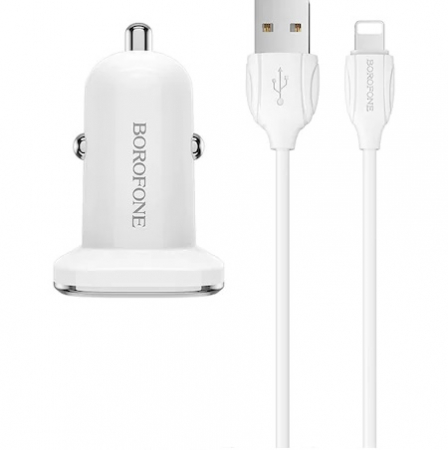 Incarcator auto Borofone, BZ12 Lasting, dual USB, 2.4A, cablu tip Lightning inclus, 1m, Alb [3]
