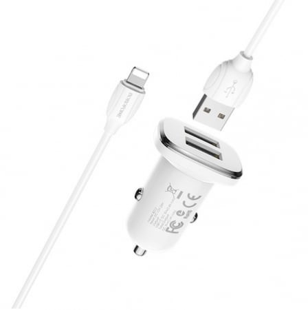 Auto & Moto - Incarcator auto Borofone, BZ12 Lasting, dual USB, 2.4A, cablu tip Lightning inclus, 1m, Alb