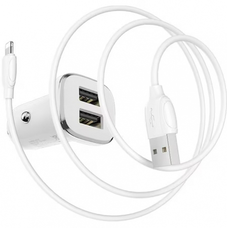 Incarcator auto Borofone, BZ12 Lasting, dual USB, 2.4A, cablu tip Lightning inclus, 1m, Alb [1]