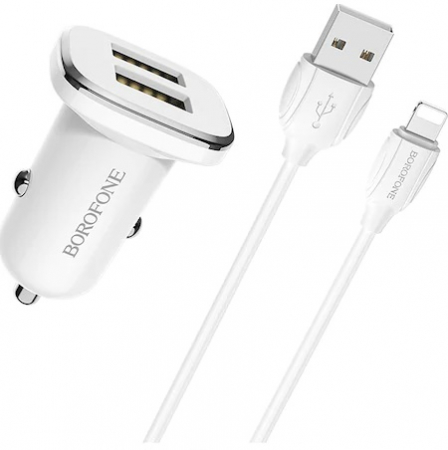 Incarcator auto Borofone, BZ12 Lasting, dual USB, 2.4A, cablu tip Lightning inclus, 1m, Alb [4]