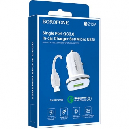 Incarcator auto Borofone, BZ12A Lasting, dual USB QC3.0, 3.6A, cablu MicroUSB inclus, 1m, Alb [2]