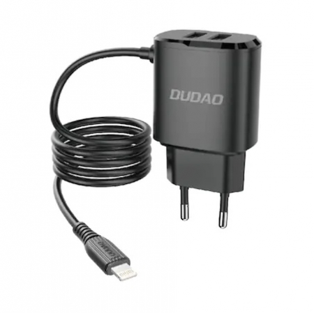Alimentator telefon - Incarcator de retea, Dudao, A2Pro, Negru, 2xUSB, 12W, Quick Charge 3.0, Cablu Lightning integrat, Compatibilitate larga