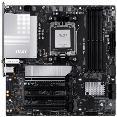 MSI PRO B850M-P WIFI, mATX, Socket AM5, 4x DDR5 Dual Channel DDR5 up to 8200(OC)MHz, 4x PCIe x16 slot, 3x M.2 slot, 4x USB 2.0, 2x USB 5Gbps, 1x USB 10Gbps, 1x USB 10Gbps Type-C, DP, 7.1 HD Audio, 5G  [1]