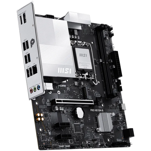 MSI PRO H810M-B, mATX, LGA 1851, 2x DDR5 Dual Channel DDR5 up to 6400(OC)MHz, 1x PCIe x16 slot, 1x M.2 slot, 4x USB 2.0, 2x USB 5Gbps, HDMI, DP, 7.1 HD Audio, 2.5G LAN, 3Y [1]