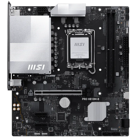 Placa de baza - MSI PRO H810M-B, mATX, LGA 1851, 2x DDR5 Dual Channel DDR5 up to 6400(OC)MHz, 1x PCIe x16 slot, 1x M.2 slot, 4x USB 2.0, 2x USB 5Gbps, HDMI, DP, 7.1 HD Audio, 2.5G LAN, 3Y