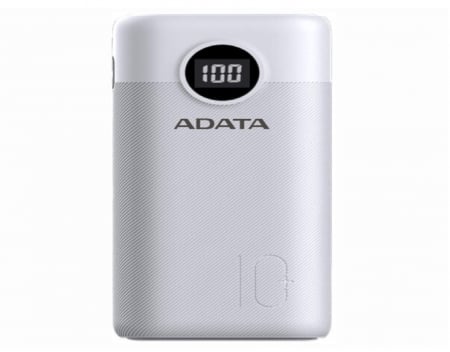 Baterie externa - POWER BANK ADATA 10000mAh, Quick Charge 3.0 + PD 22.5W, 2 x USB & 1 x USB-C, digital display pt. status baterie, P10000QCD 10.000 mAh, total 3A, white