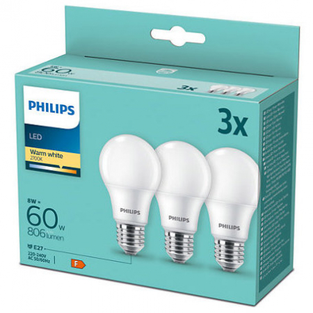 Becuri - Pachet 3 becuri LED Philips, A60, E27, 8W (60W), 806 lm, lumina alba calda (2700K)