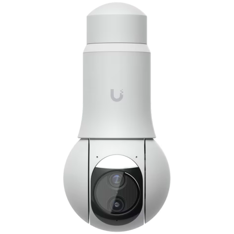 Ubiquiti UVC-G6-PTZ-W All-weather, 4K dual-lens camera with 10x hybrid zoom, 1/1.8" 8MP image sensor, Multi-TOPS AI Engine, and ultra-low latency pan-tilt-zoom control for motion tracking [1]
