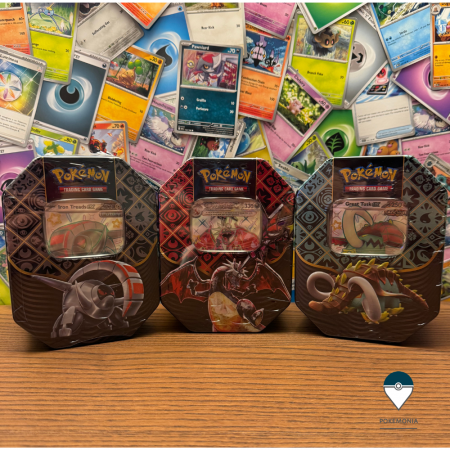 Pokemon TCG: Paldean Fates - Pokemon Paldean Fates Tin Charizard ex, Great Tusk ex si Iron Treads ex shiny