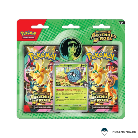 Pokemon TCG Mega Evolution Ascended Heroes Trainer's 2 Pack Blister Collection Bundle cu Larry's Komala si Erika's Tangela [2]