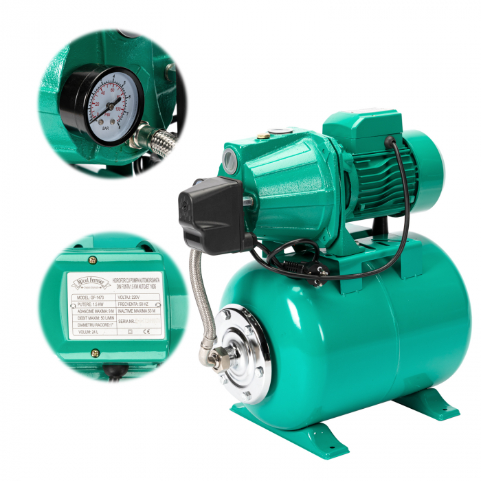 Hidrofor 24 L, aspirare-refulare 1 tol, refulare la 53m, aspirare 9m,cu pompa autoamorsanta din fonta, putere 1,5kW [5]