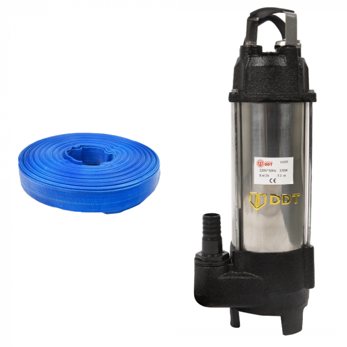 Pompa submersibila cu dublu tocator pentru apa murdara, DDT, V370T, Inox + Furtun apa, tip pompier, 1 toli, 50M [1]