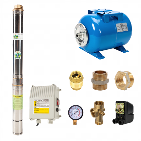 Pompe submersibile de adancime - Kit complet sistem hidrofor- Pompa submersibila, 75QJD 1.8-54/15-0.55, panou comanda, 75 mm, 750 W, debit  3 mc/h, Micul Fermier GF-0710-S001-G02