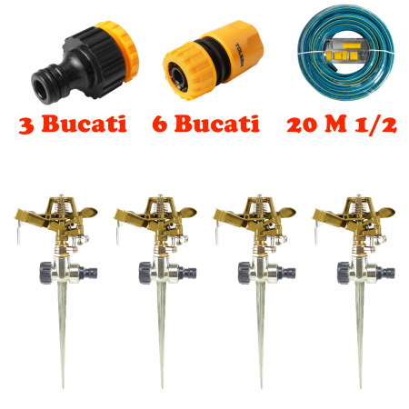 Furtune de irigat, banda de picurare și accesorii - Pachet 4 Aspersoare metalice in serie, furtun 20 m, 1/2