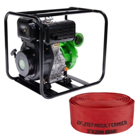 Motopompe - PACHET-Motopompa Micul Fermier pentru apa, diesel, 3 toli, 9,8 Cp, debit 45 mc/h, de presiune inalta, 4 timpi + Furtun pompier 3" 20m 8bar fara capete ROSU