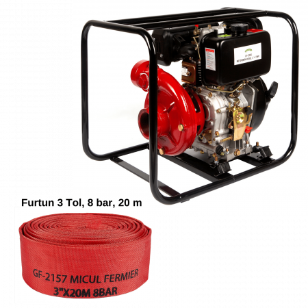 Motopompe - PACHET-Motopompa Micul Fermier pentru apa, diesel, 3 toli, 9,8 Cp, debit 45 mc/h, de presiune inalta, 4 timpi + Furtun pompier 3" 20m 8bar fara capete ROSU