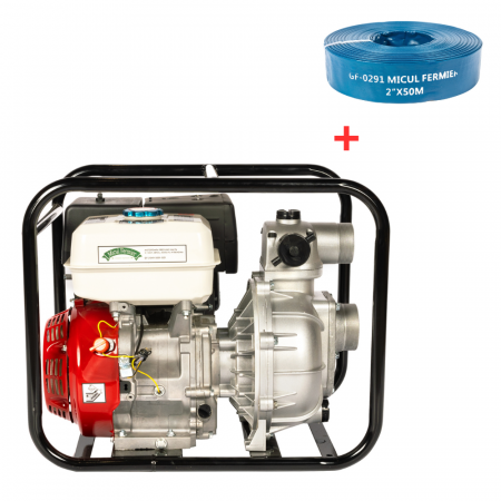 Motopompe - Pachet - Motopompa pe benzina 4T, putere 13CP, 389cc, debit 40000l/h, stiut aspiratie 3 toli, refulare 2 toli + Furtun refulare PVC 2 tol, 50M