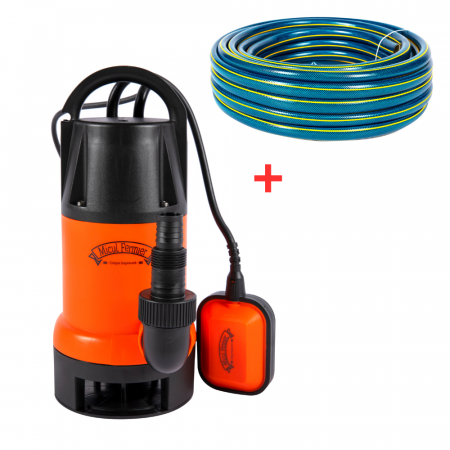 Pompe de apa murdara cu și fără plutitor - Pachet - Pompa apa murdara Micul Fermier 900W, debit 14000 l/h, 1 tol, refulare 8m + Furtun cu insertie 1 tol, 30 M