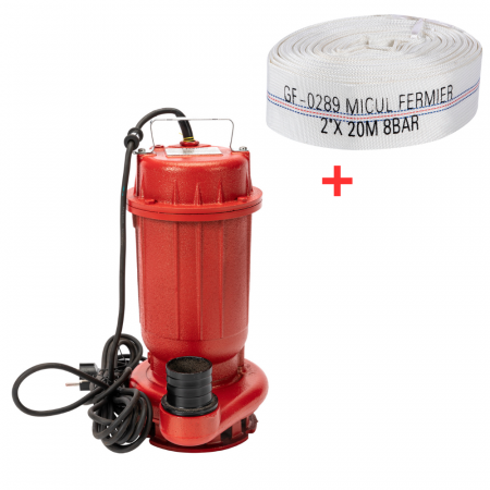 Pompe de apa murdara cu și fără plutitor - Pachet -  Pompa apa murdara, refulare 15m, putere 1.1 KW, debit 250 l/min, 2 toli + Furtun pentru refulare 2 toli, lungime 20m