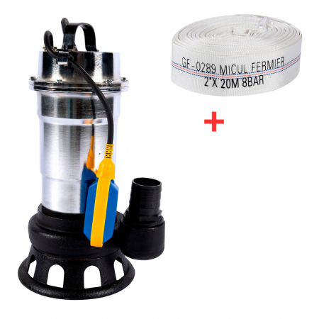 Pompe de apa murdara cu și fără plutitor - Pachet - Pompa pentru apa murdara, (WC,fosa,hazna) Inox, putere 3 kW, debit 6000 L / H + Furtun pompieri 2 Toli 20 m