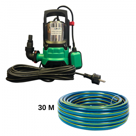 Pompe de apa murdara cu și fără plutitor - Pachet - Pompa Submersibila Apa Murdara DRK, Model CSP1100LDINOX-5 cu Plutitor, 1100W, 20.000 l/h + Furtun insertie 1 tol, 30 m