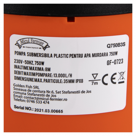 Pompa Apa Murdara Submersibila din Plastic, Putere 750 W, Inaltime refulare 8 M, 1 Tol, 1300 l/h, Micul Fermier [3]